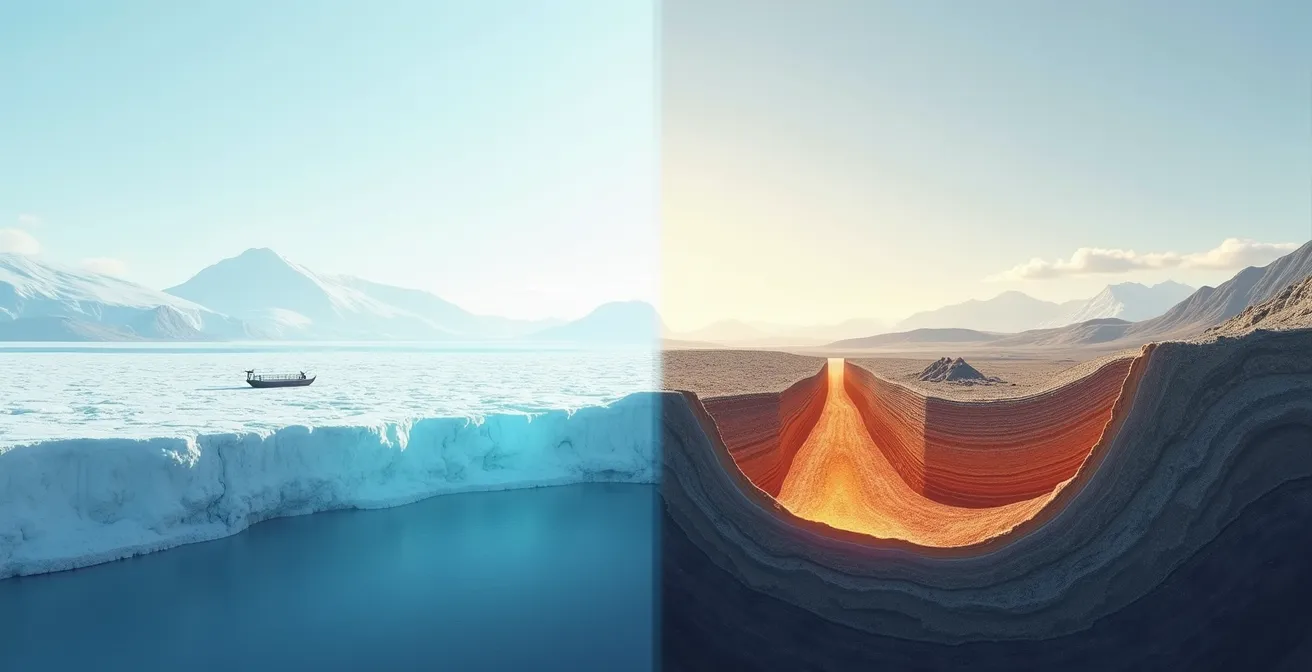 Comparaison visuelle entre la surveillance satellitaire de la banquise arctique et la surveillance sismique d'un réservoir pétrolier