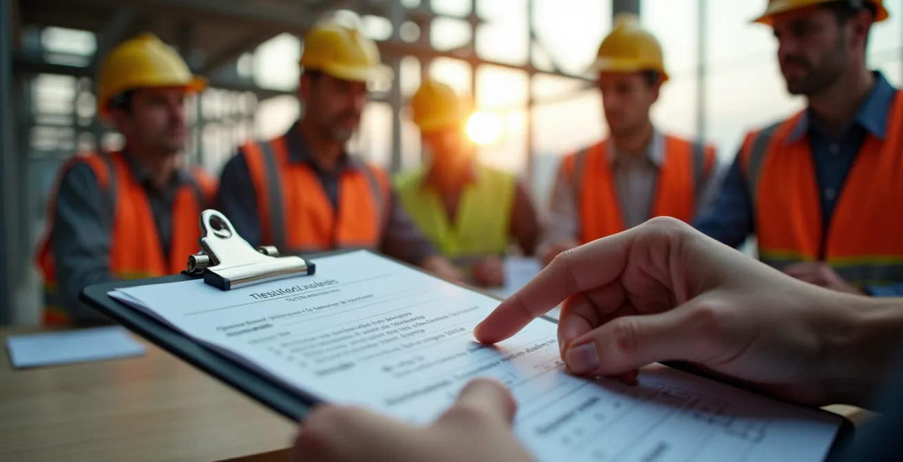Équipe de construction effectuant une analyse de sécurité de tâche sur un chantier