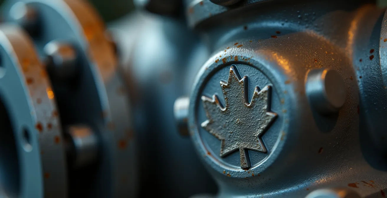 Détail macro d'une valve industrielle avec capteur IoT intégré pour la traçabilité blockchain