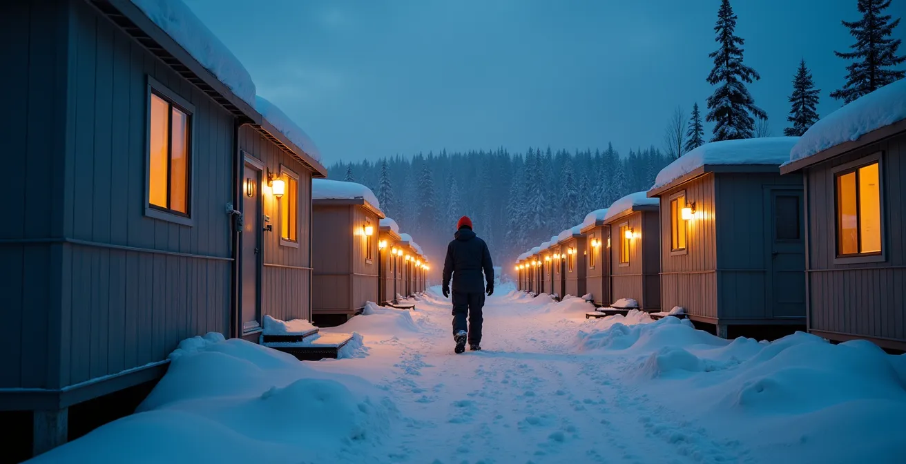 Camp de travailleurs modulaire isolé dans un environnement nordique enneigé avec systèmes de chauffage autonomes visibles