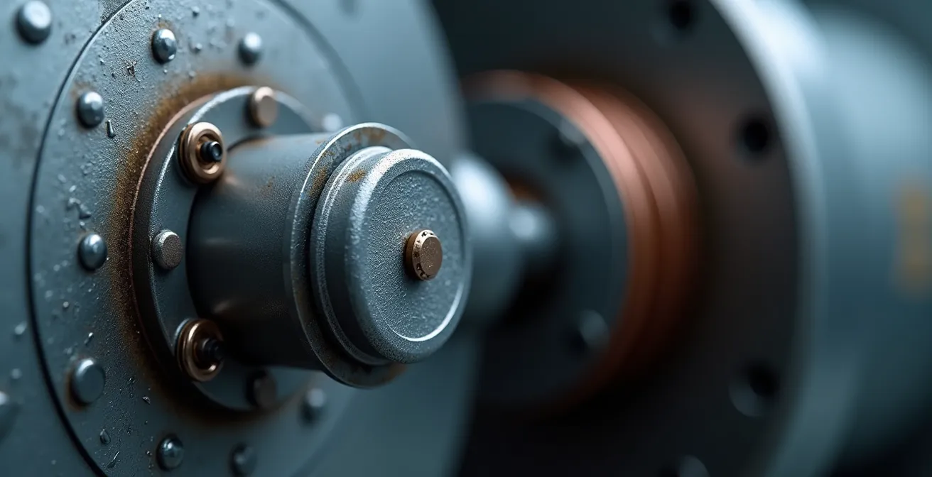 Gros plan macro sur un capteur de vibration fixé sur une turbine hydroélectrique