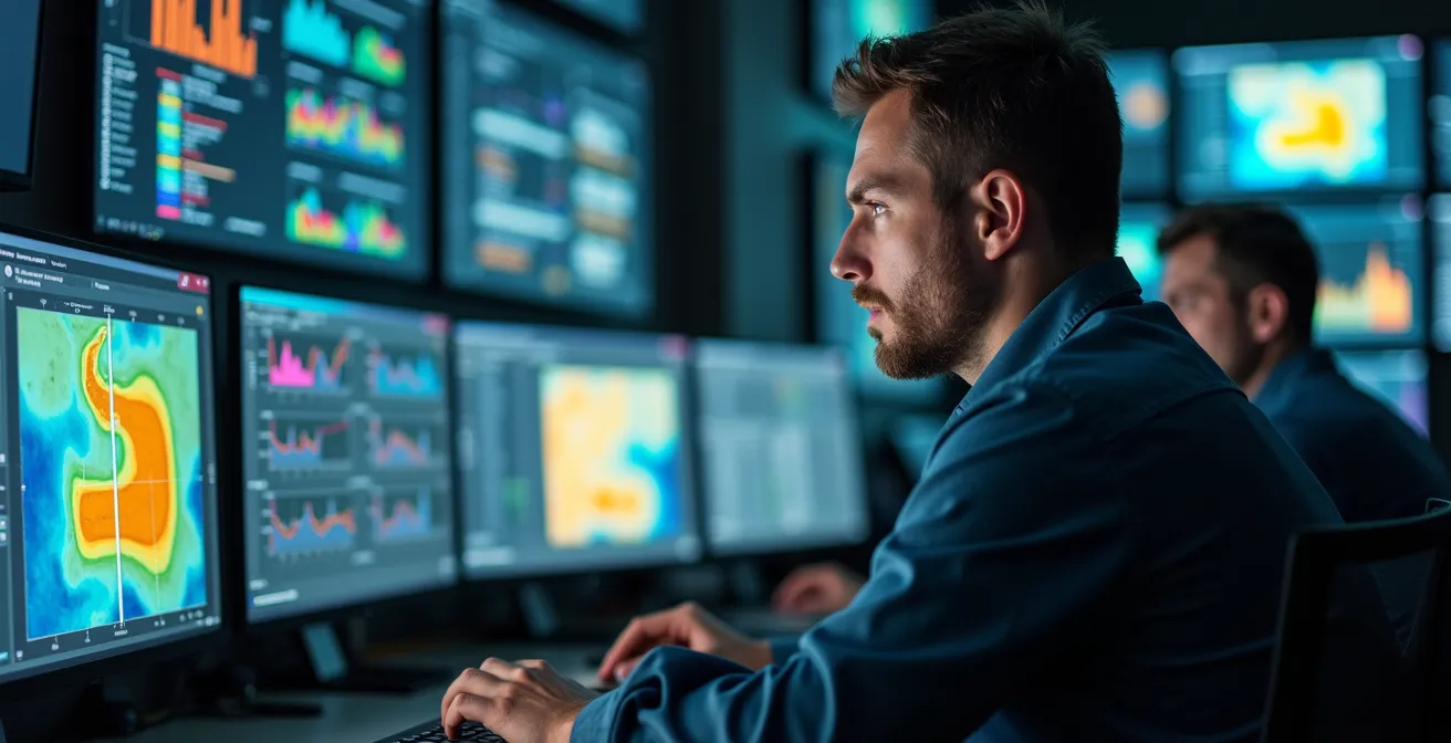 Centre de contrôle moderne analysant les données de forage en temps réel avec plusieurs écrans de visualisation