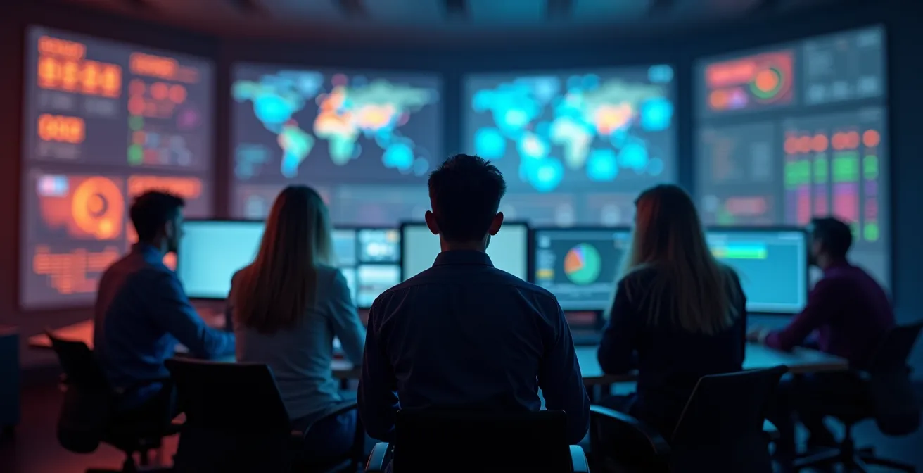 Salle de contrôle moderne avec opérateurs surveillant des données de pipelines