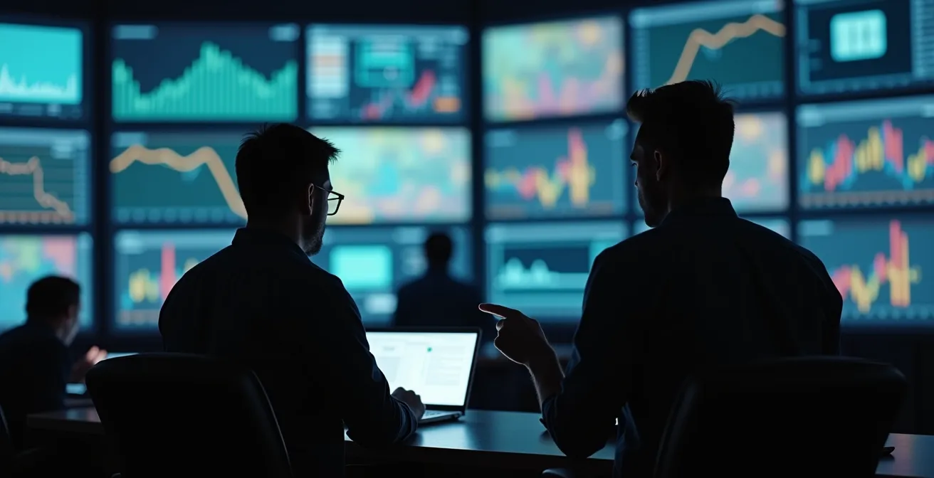 Centre de contrôle énergétique avec opérateurs surveillant des écrans de données