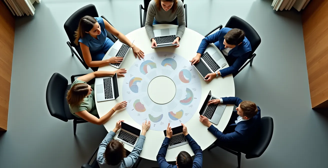 Professionnels de différents départements réunis autour d'une table ronde moderne dans un environnement lumineux