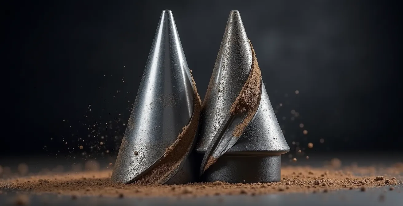 Comparaison visuelle entre les dents en acier et les inserts en carbure de tungstène sur des cônes de tricône