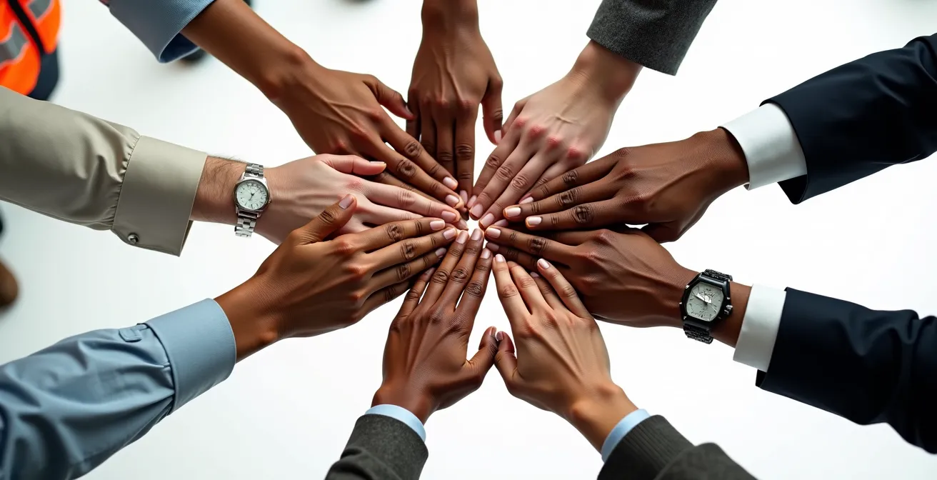Vue macro de mains diverses formant un cercle uni, symbolisant la collaboration entre PME locales