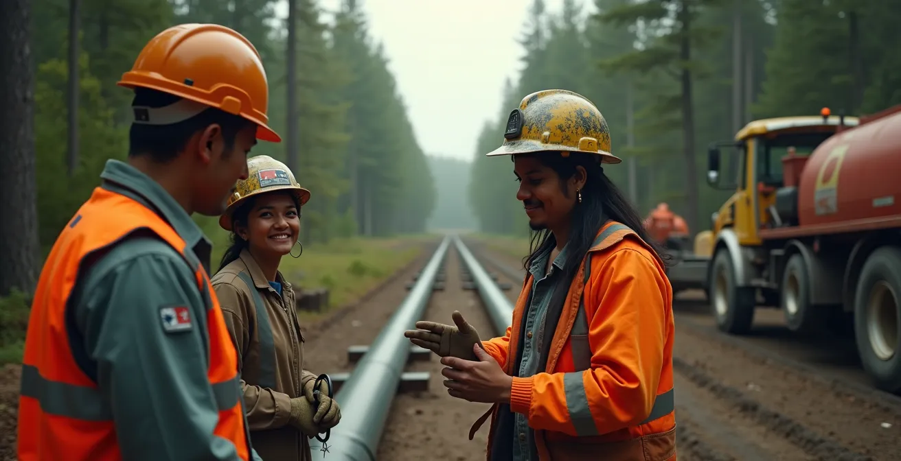 Équipe de construction de pipeline travaillant avec des Gardiens autochtones dans la forêt boréale