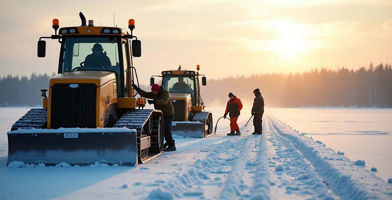 Construction d'une route de glace avec équipement lourd dans le Grand Nord canadien