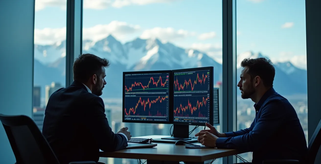Traders analysant des écrans de marchés à terme dans un bureau moderne de Calgary avec vue sur les Rocheuses