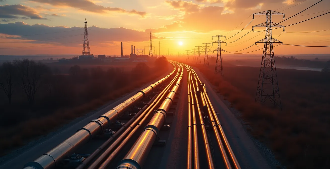 Vue panoramique d'un corridor énergétique moderne avec pipelines parallèles et lignes de transmission dans le paysage canadien