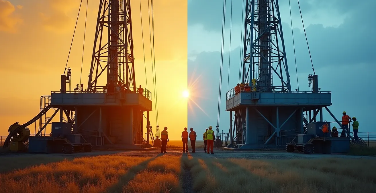 Représentation symbolique des cycles économiques du secteur pétrolier avec des travailleurs sur une plateforme