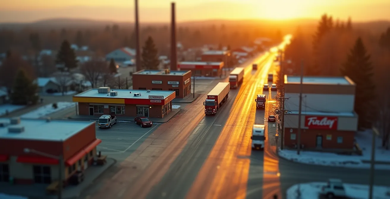 Vue aérienne stylisée d'une petite ville canadienne montrant les connexions économiques entre différents commerces et services