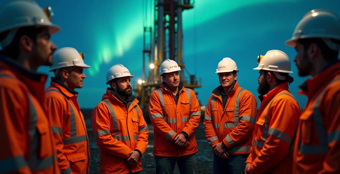 Équipe de forage en cercle lors d'un briefing de sécurité matinal avec aurores boréales en arrière-plan