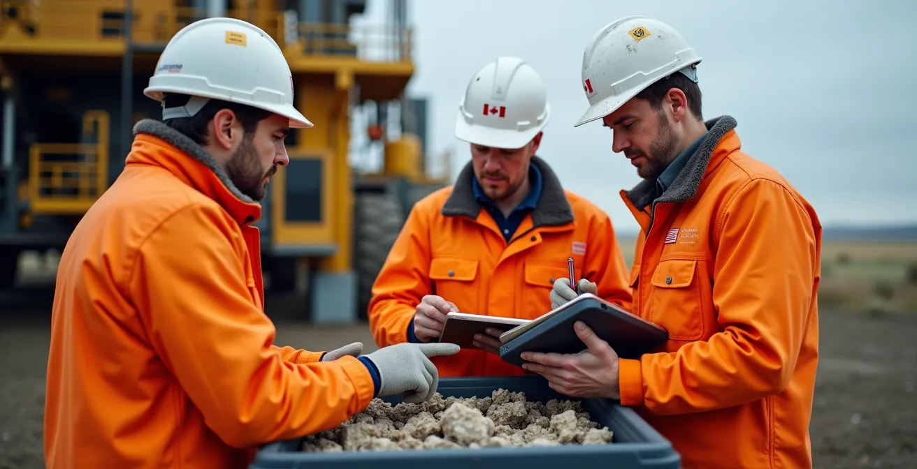 Équipe technique analysant des données géologiques sur site de forage avec équipement moderne