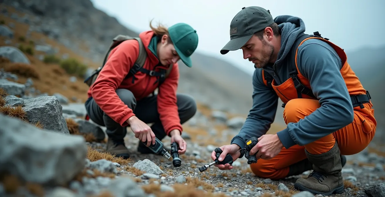 Géologues analysant des échantillons de roche sur le Bouclier canadien avec équipement scientifique portable