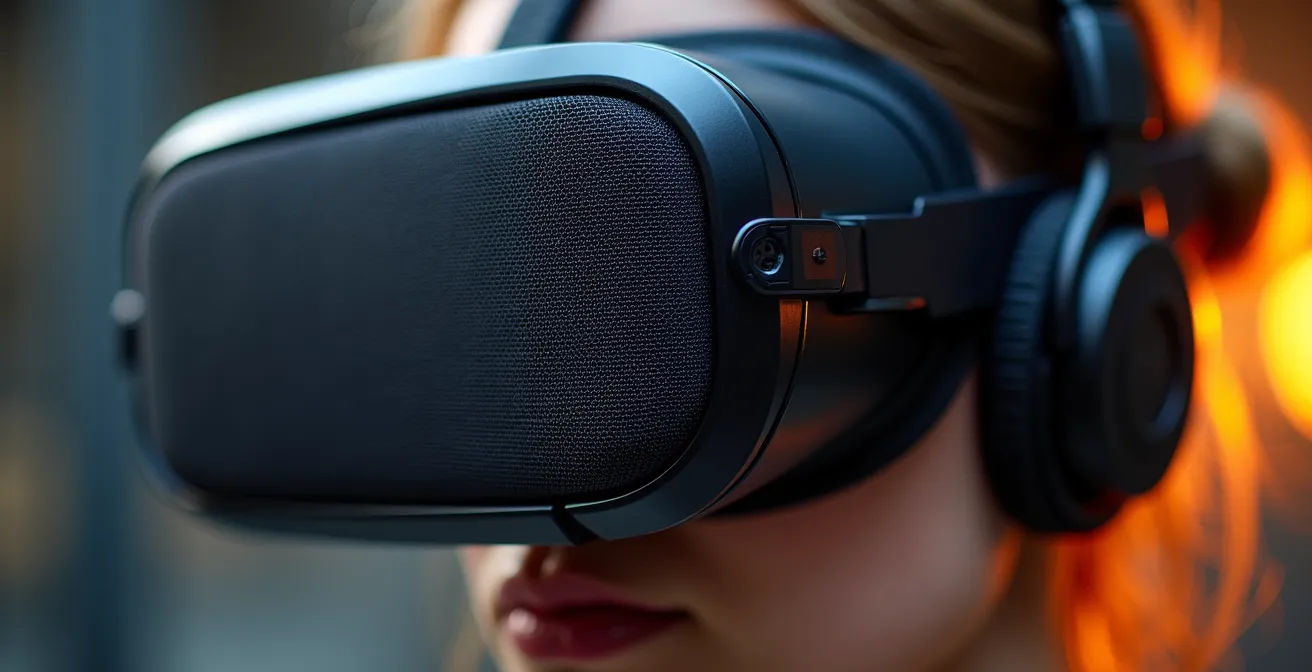 Détail macro d'un casque de réalité virtuelle utilisé en formation sécurité