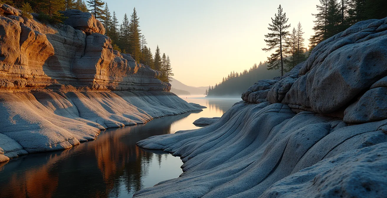 Formation rocheuse caractéristique du Bouclier canadien montrant les couches alternées de gneiss et les affleurements de granite