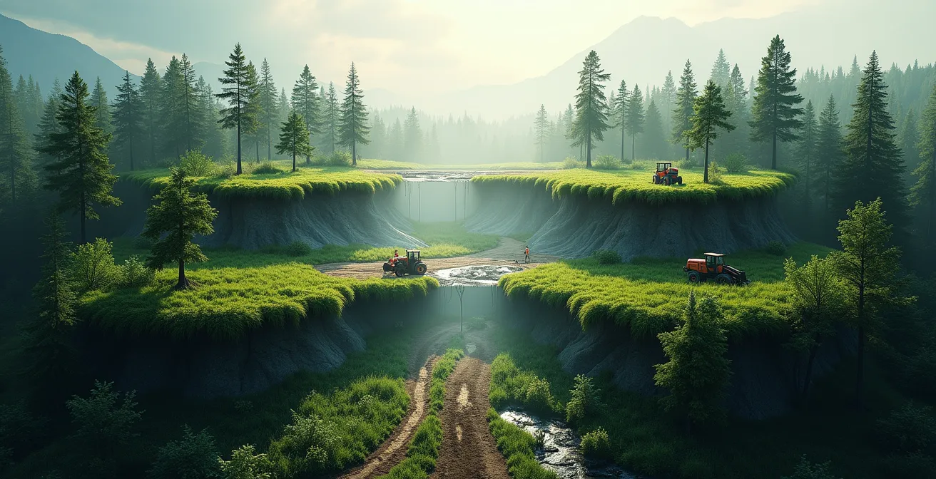 Diagramme visuel en trois niveaux montrant la hiérarchie d'atténuation des impacts environnementaux