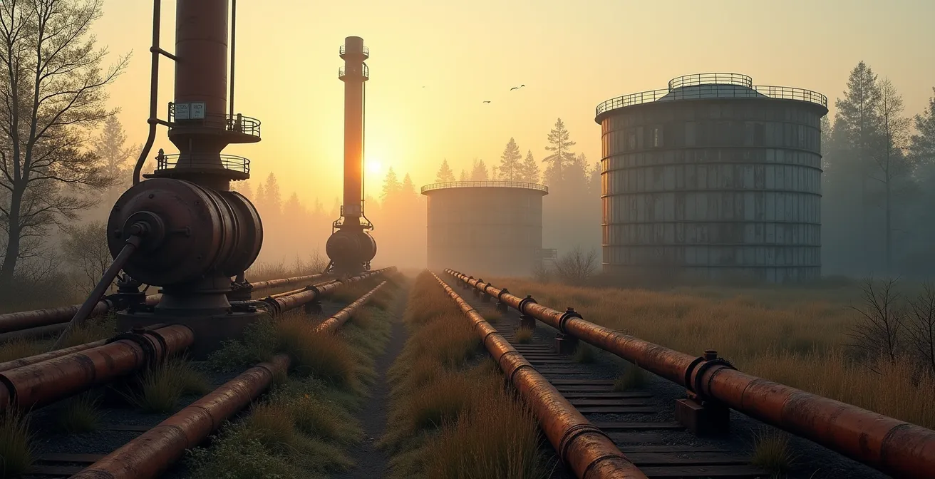 Installation industrielle de biocarburants abandonnée avec équipements rouillés symbolisant l'échec des prévisions optimistes