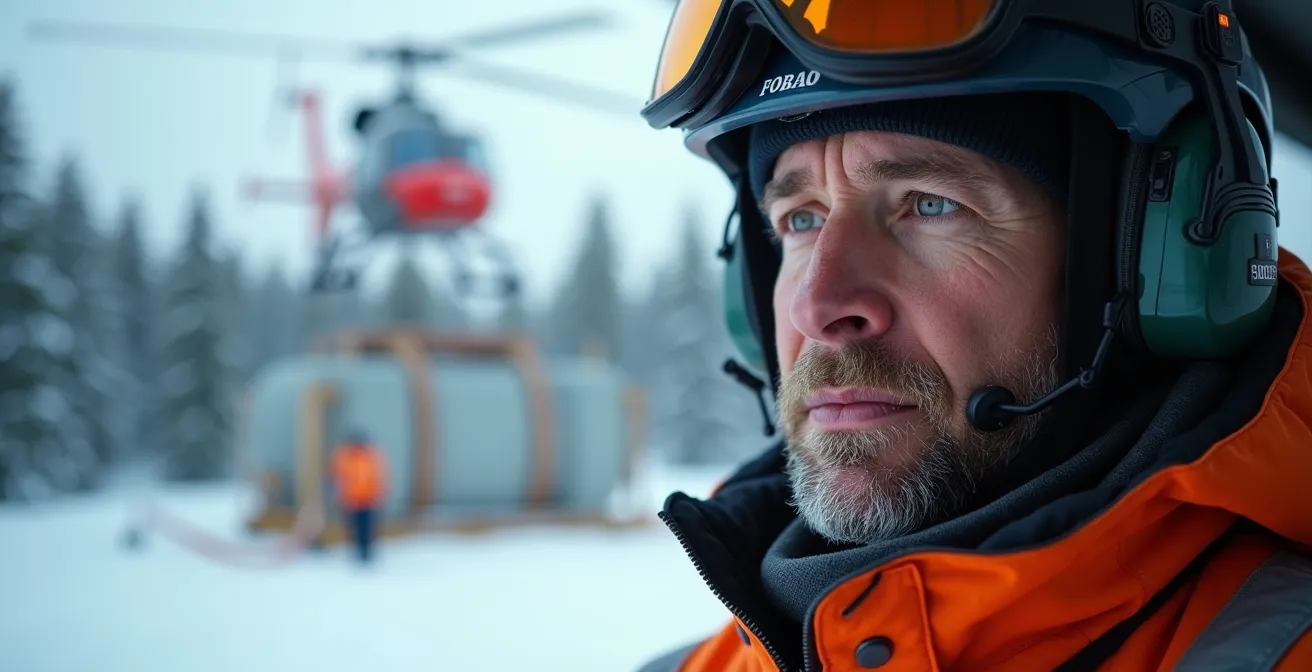 Transport héliporté d'un transformateur électrique massif au-dessus de la forêt boréale québécoise