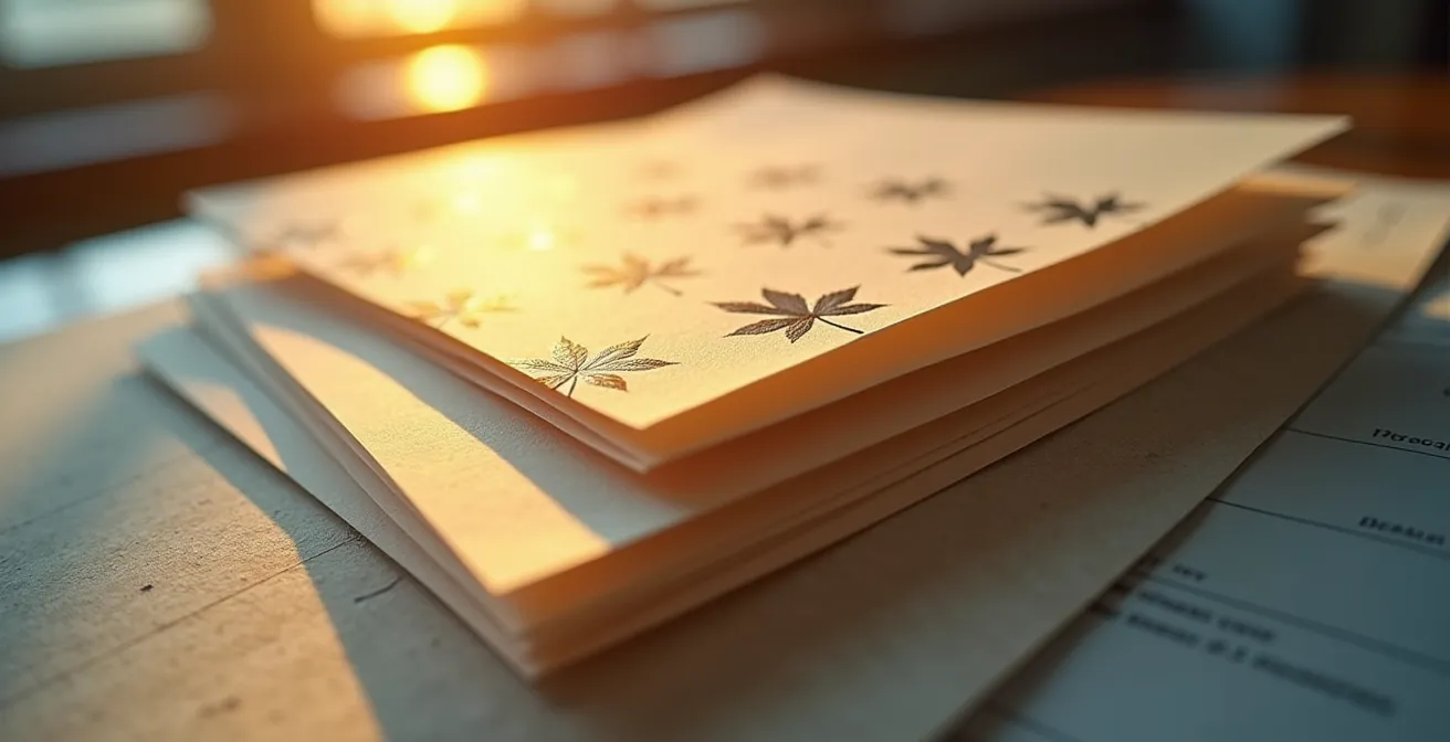 Vue macro de documents juridiques superposés avec focus sur les textures et reflets dorés