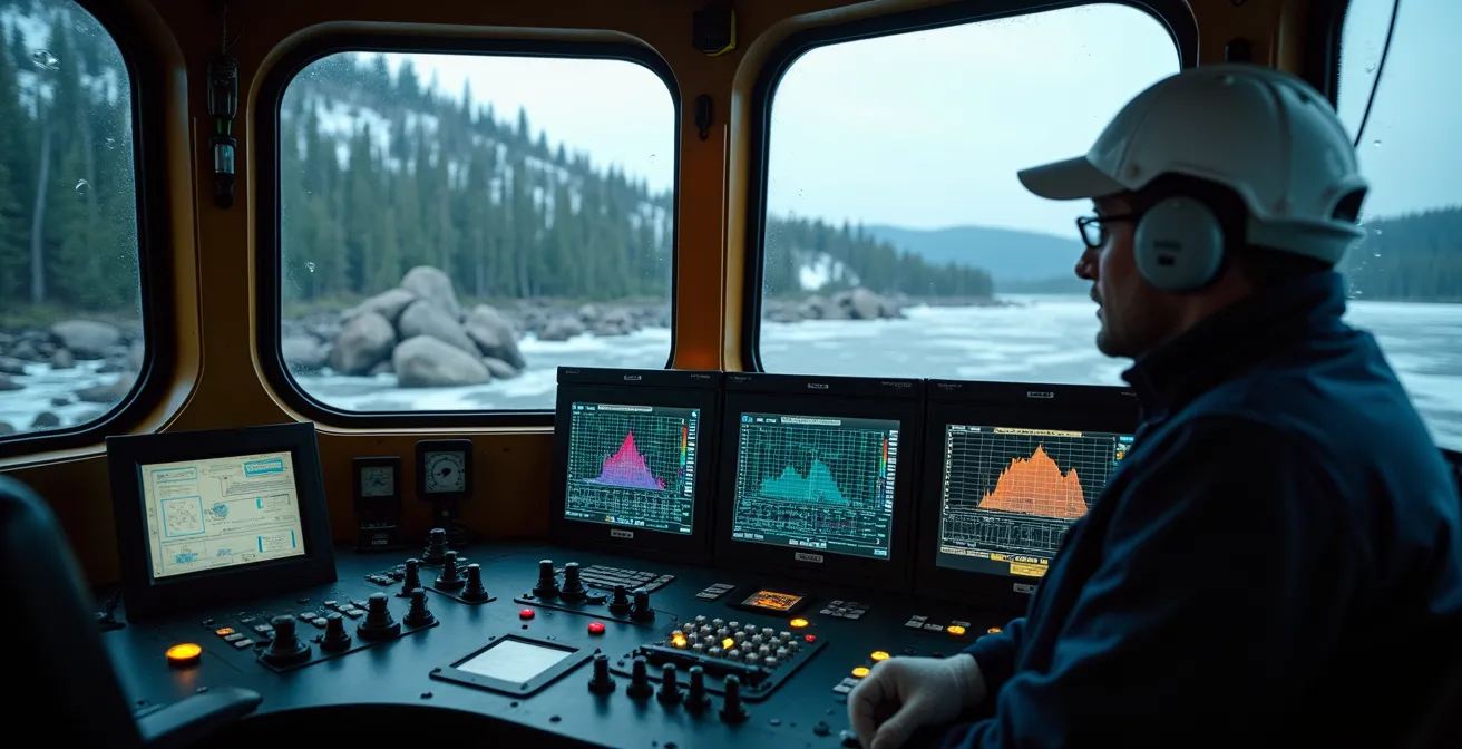 Vue d'ensemble d'un chantier de forage montrant l'équipement de contrôle des paramètres de forage