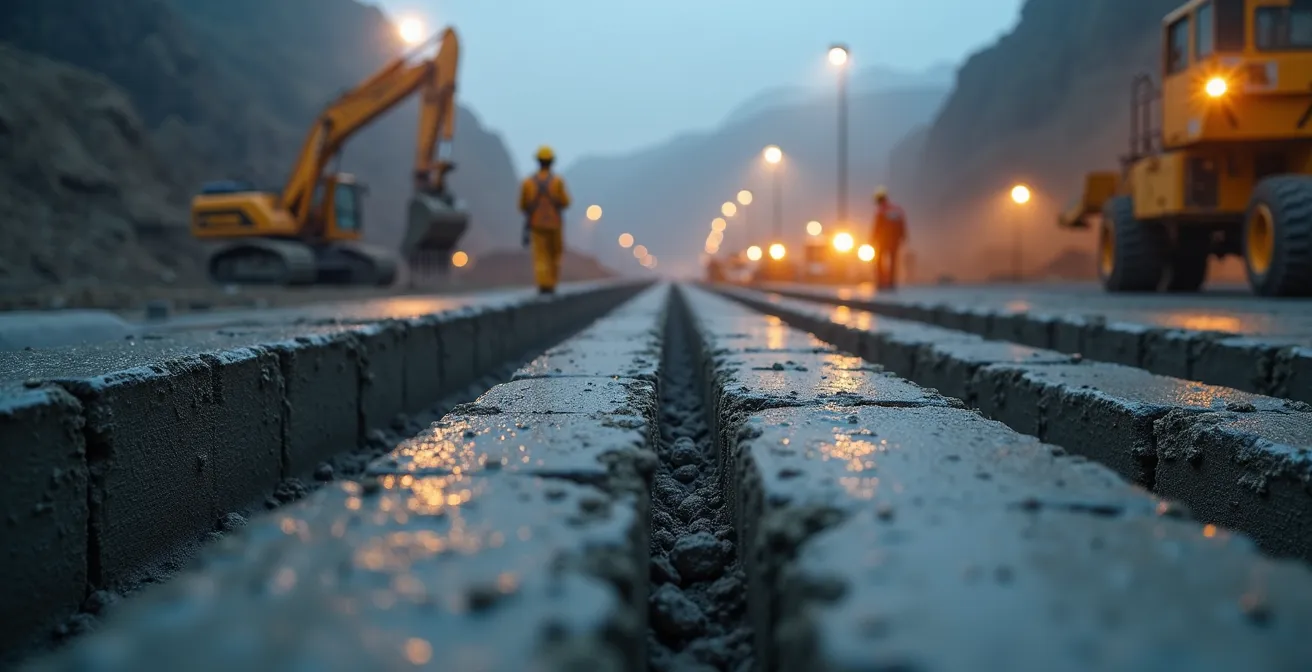 Construction monumentale d'un barrage hydroélectrique en milieu nordique canadien avec équipements de chantier et lignes de transport