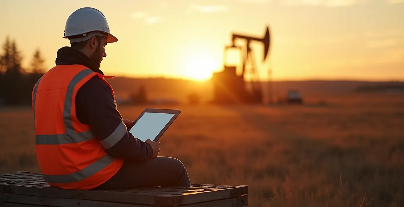 Foreur consultant une tablette pour sa formation quotidienne sur un site isolé