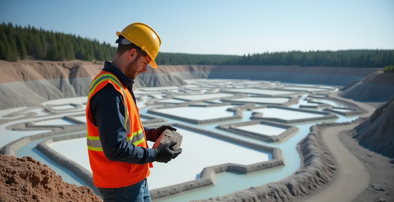 Vue aérienne d'une mine de lithium moderne dans le nord de l'Ontario avec bassins d'évaporation