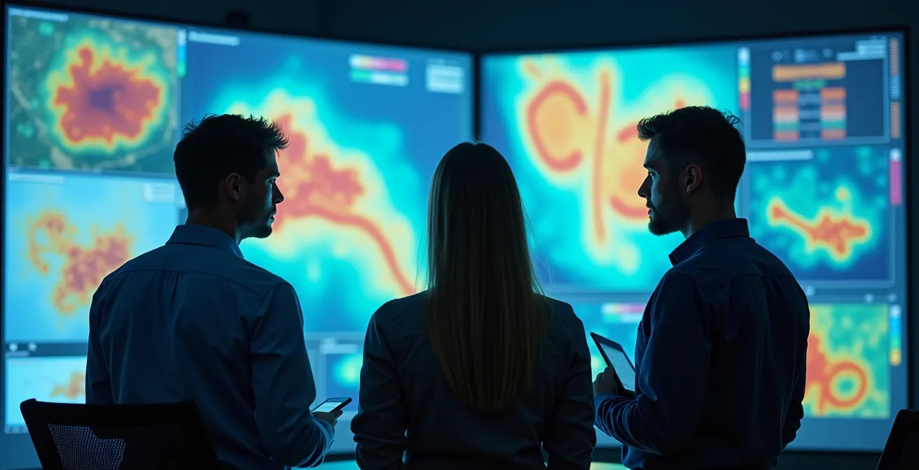 Ingénieurs analysant un modèle géologique 3D dans un centre de contrôle moderne