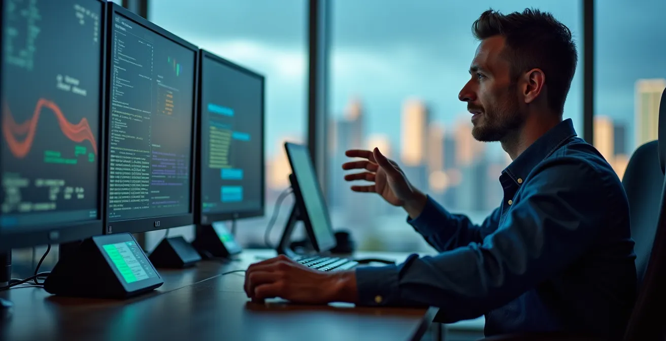 Opérateur dans un centre de contrôle moderne à Calgary surveillant les opérations de forage à distance