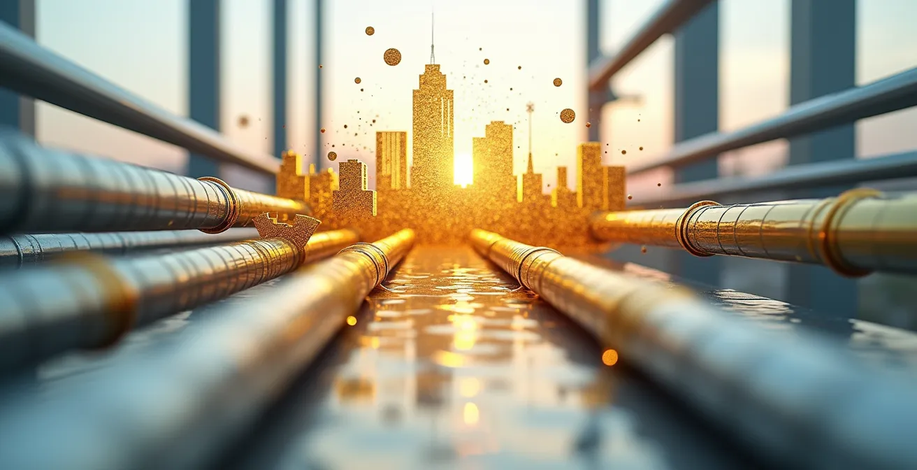 Diagramme visuel abstrait montrant le flux financier des revenus pétroliers vers les services publics canadiens