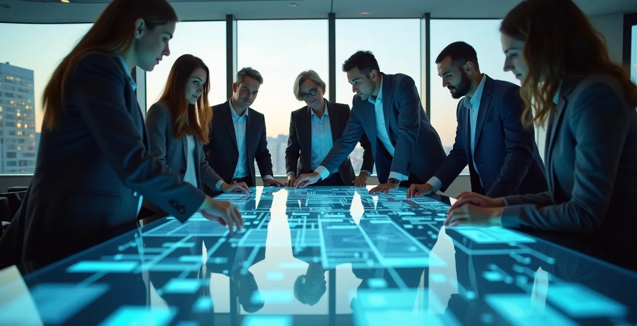 Représentation visuelle du processus d'obtention de permis avec bureaux gouvernementaux et technologies numériques