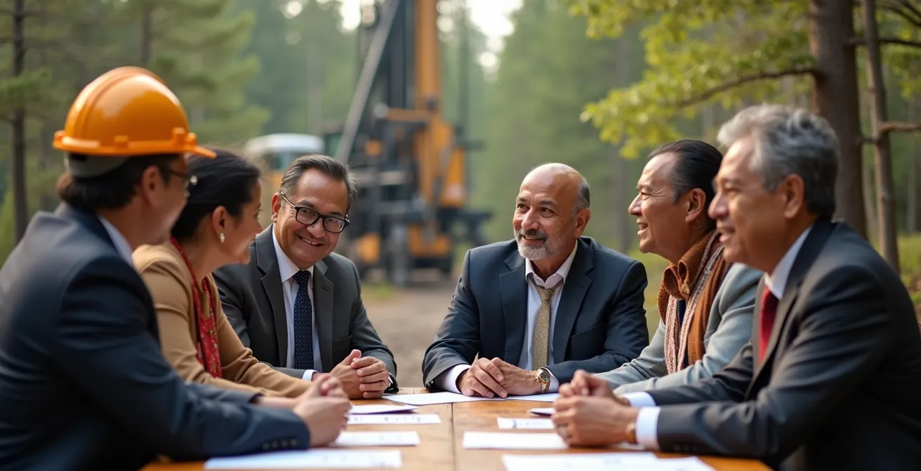 Rencontre professionnelle entre représentants autochtones et cadres de l'industrie pétrolière dans un environnement naturel