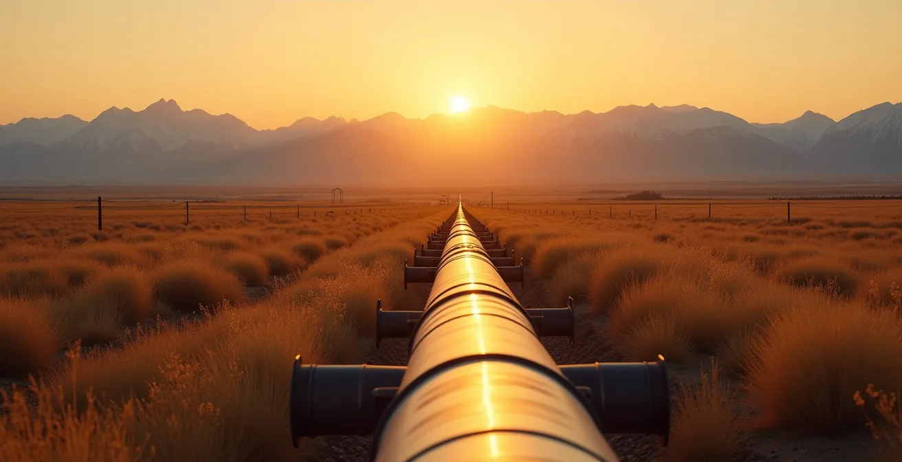 Infrastructure de pipeline traversant les prairies canadiennes avec des montagnes Rocheuses en arrière-plan