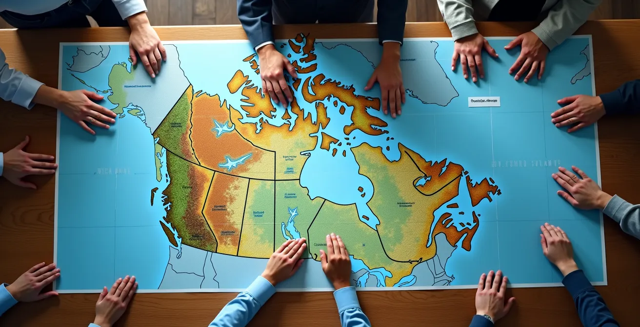 Table de travail avec cartes superposées montrant ressources énergétiques et territoires autochtones au Canada