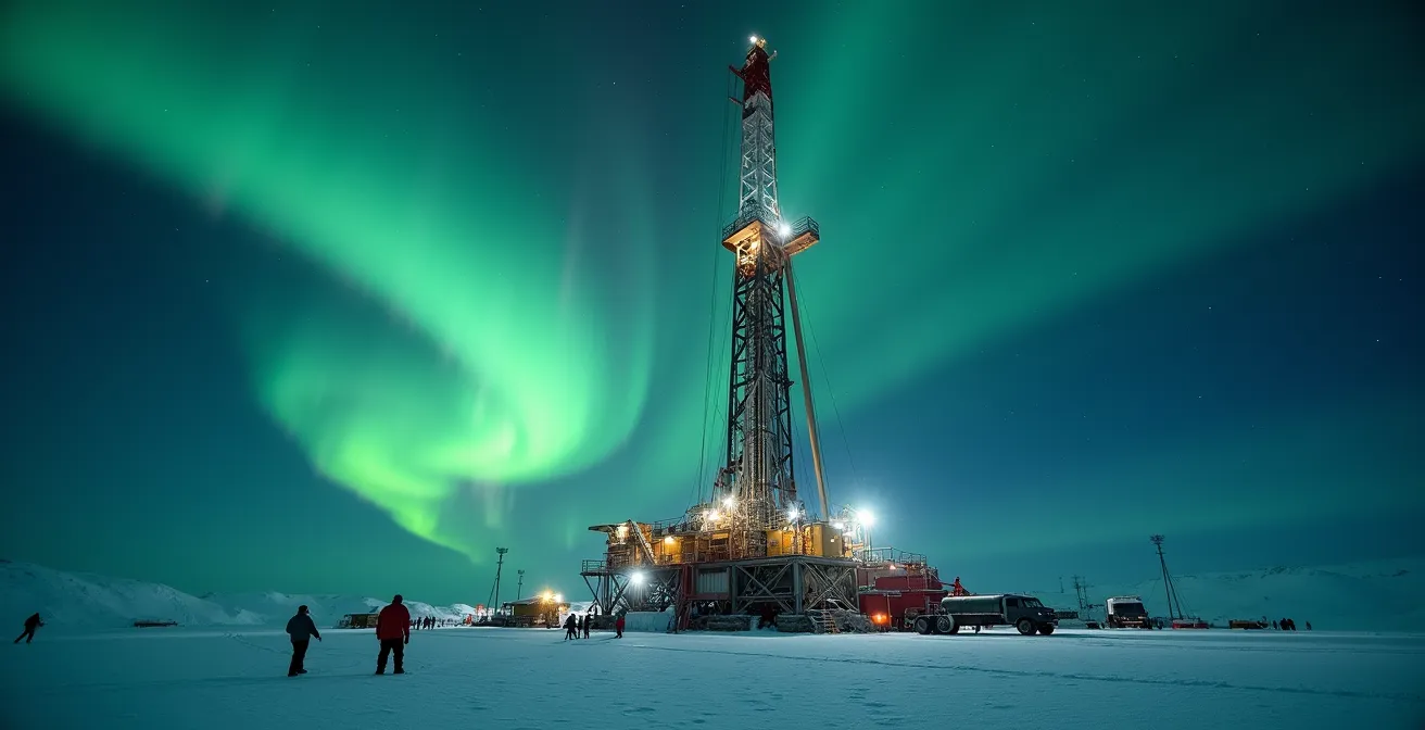 Installation de forage pétrolier dans un paysage enneigé avec aurores boréales