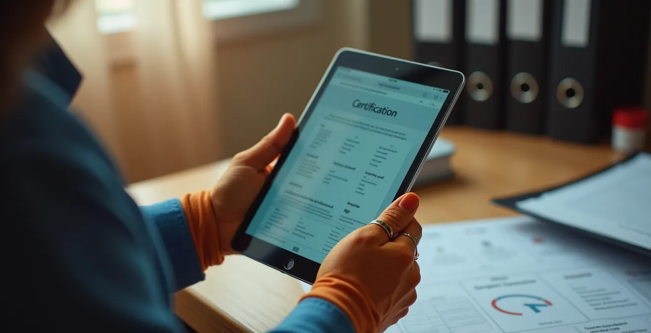 Gros plan sur les mains d'un entrepreneur consultant une tablette avec des documents de certification visibles en arrière-plan flou
