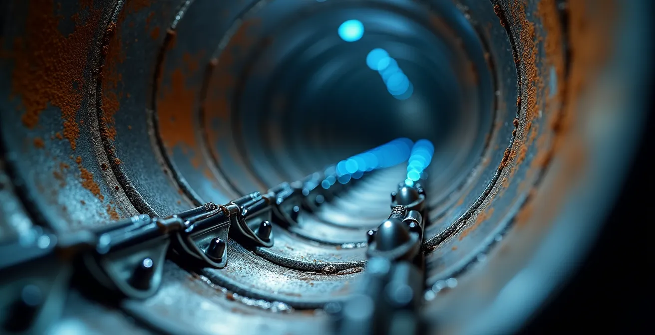 Vue macro détaillée d'un racleur intelligent à l'intérieur d'un pipeline avec ses capteurs magnétiques