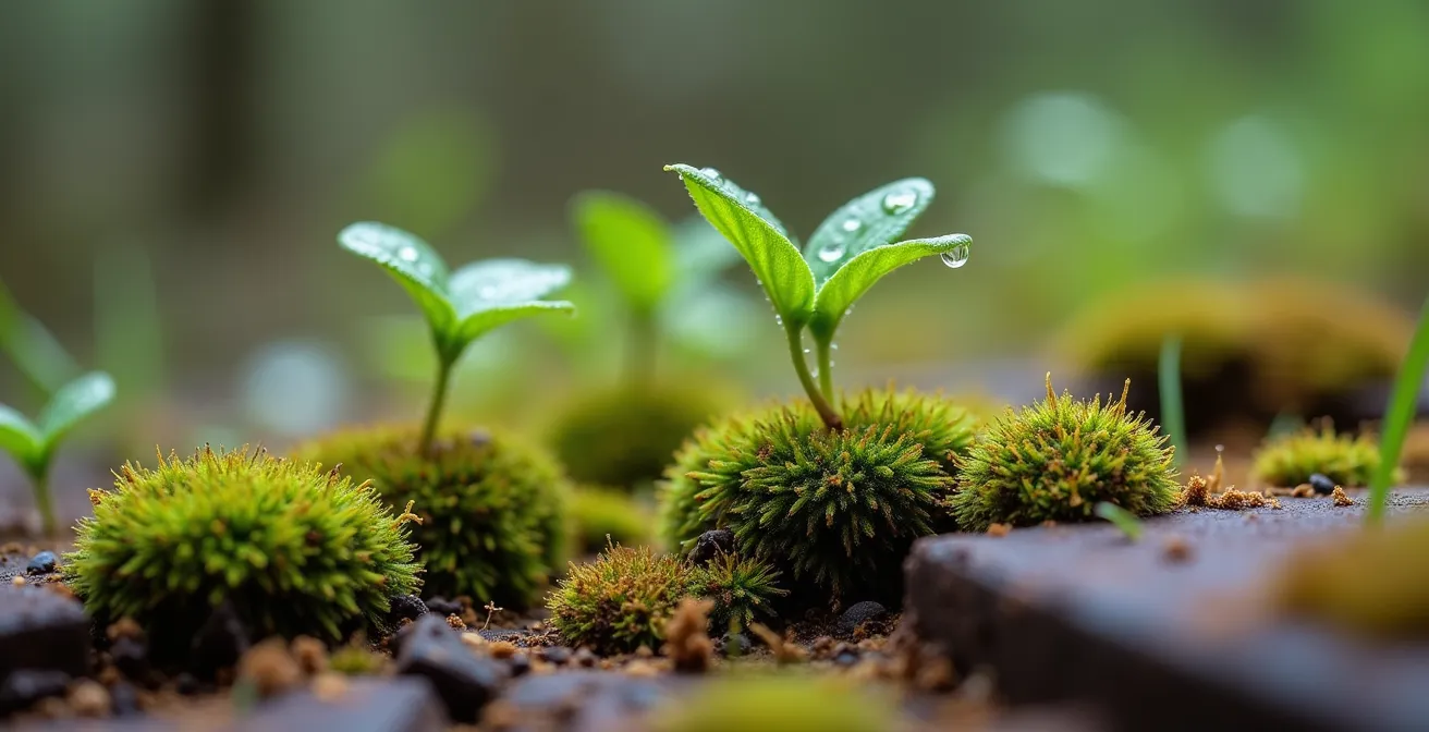 Macro détail de la régénération végétale sur un ancien site de forage