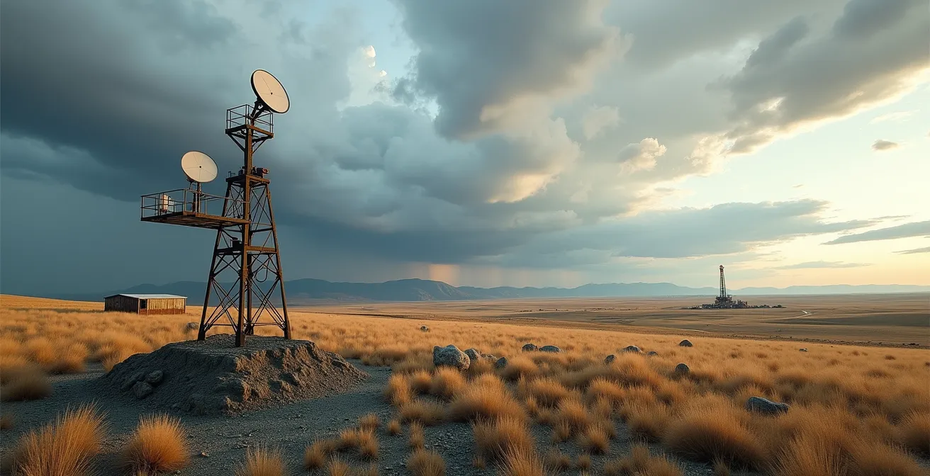 Station de surveillance sismique dans un paysage canadien près d'une zone d'exploitation de gaz de schiste