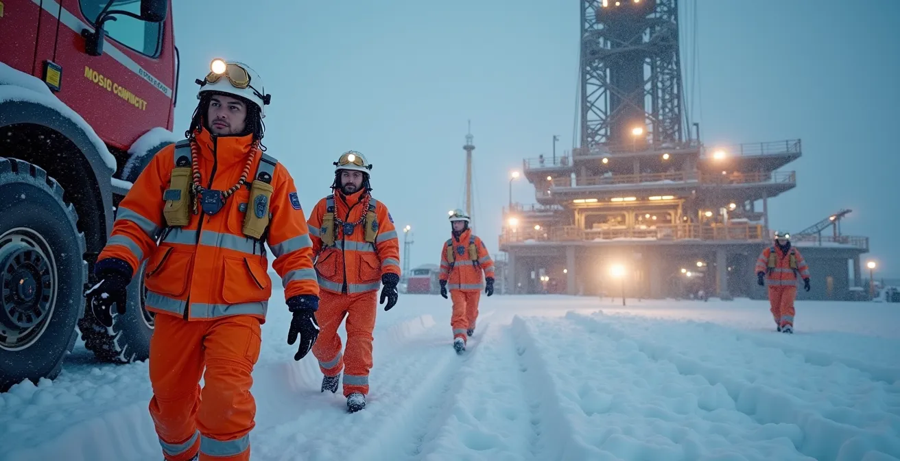 Site de forage isolé pendant un blizzard extrême avec équipes d'intervention d'urgence