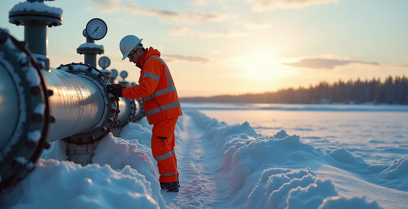 Station de pompage isolée dans les Prairies canadiennes sous la neige avec pipelines visibles