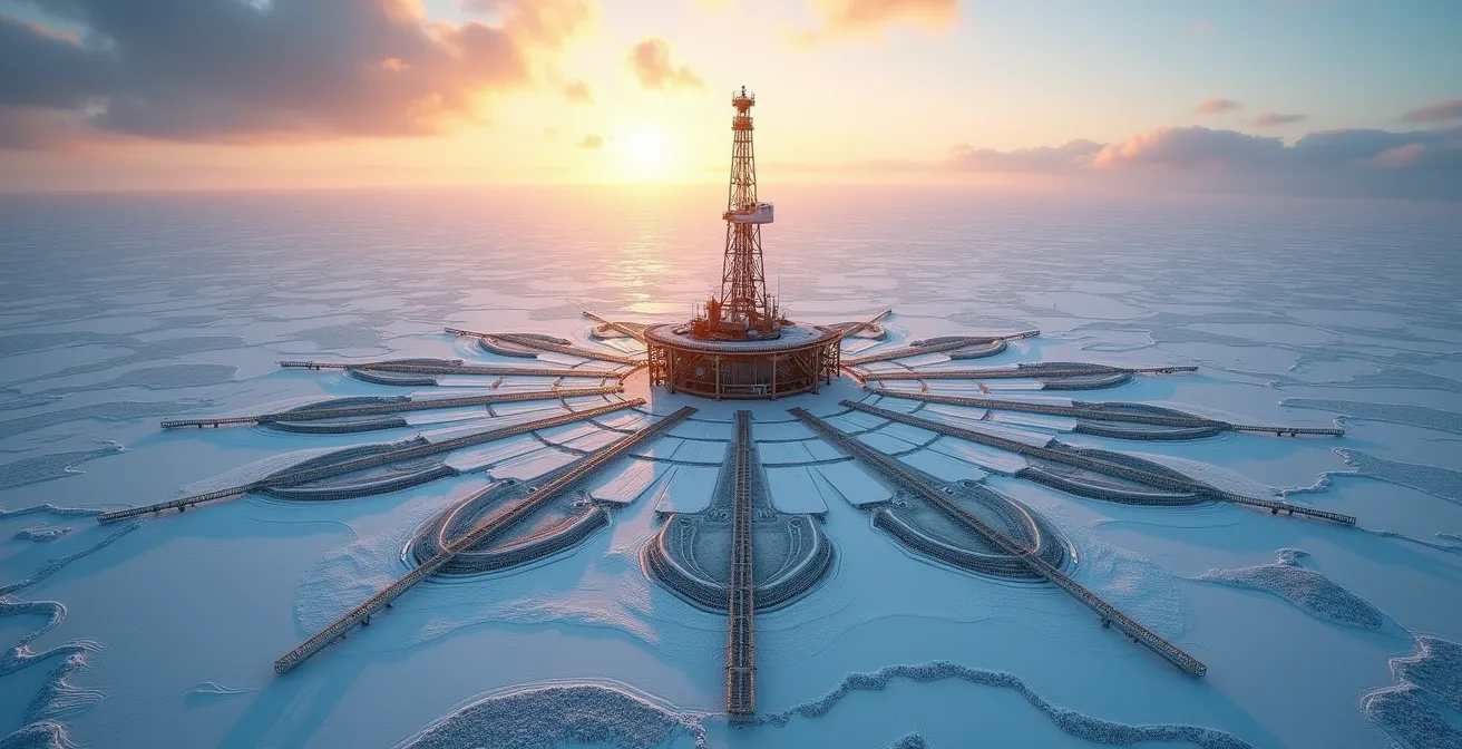 Vue aérienne d'une plateforme de forage multi-puits dans le paysage arctique canadien