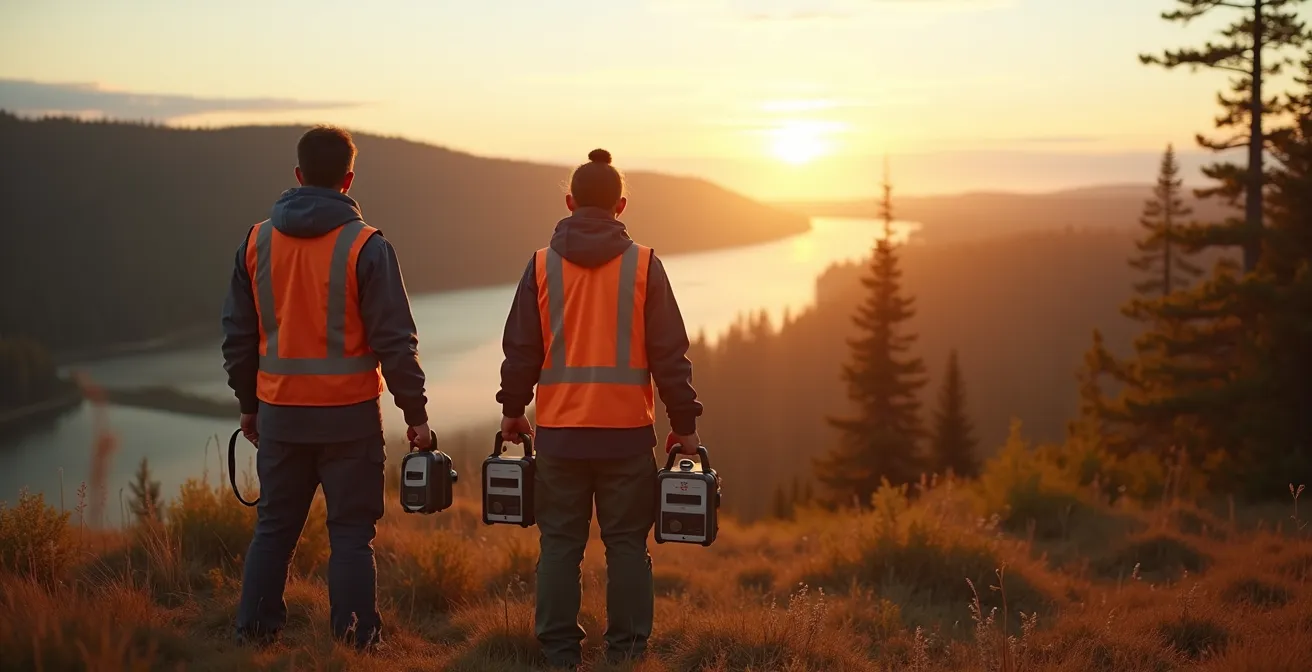 Gardiens autochtones surveillant un corridor de pipeline dans un paysage canadien