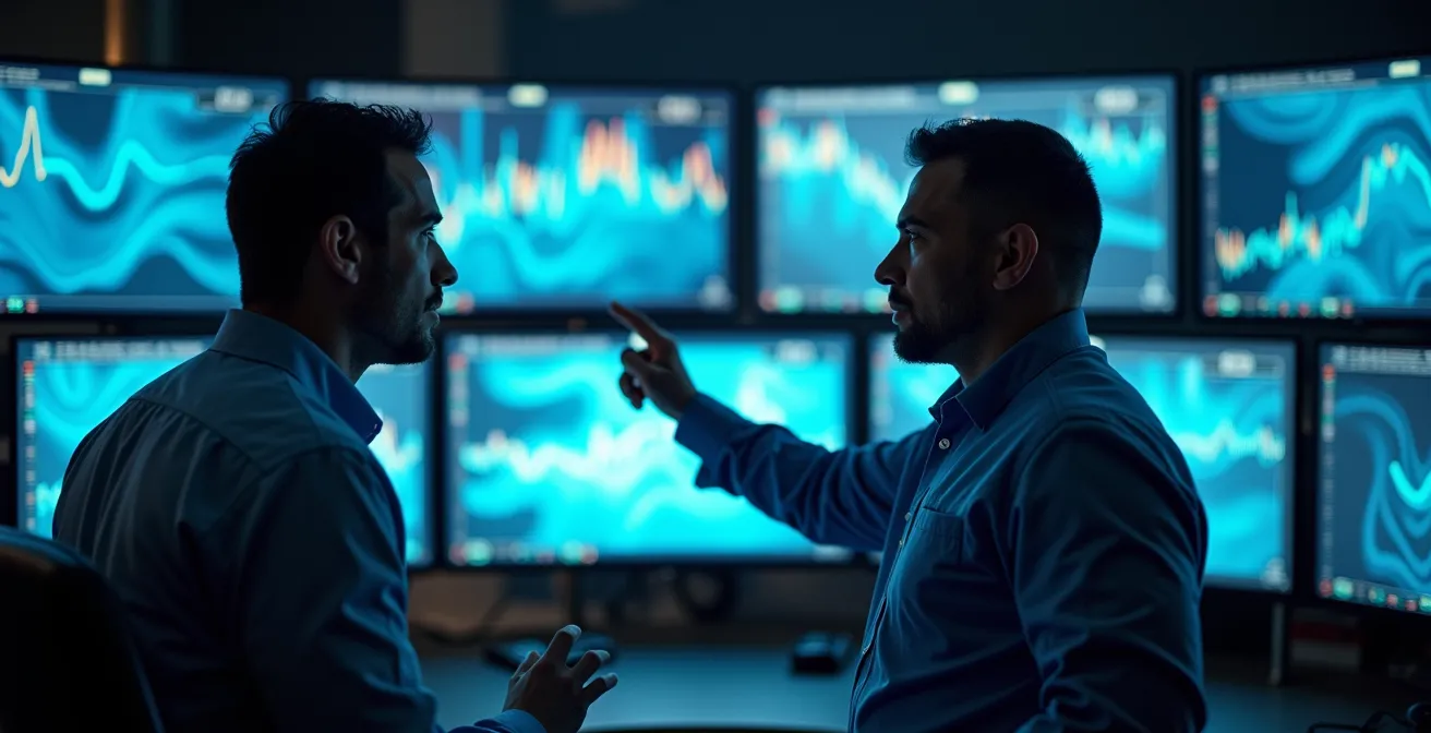 Salle de contrôle moderne avec opérateurs surveillant les données de pression en temps réel