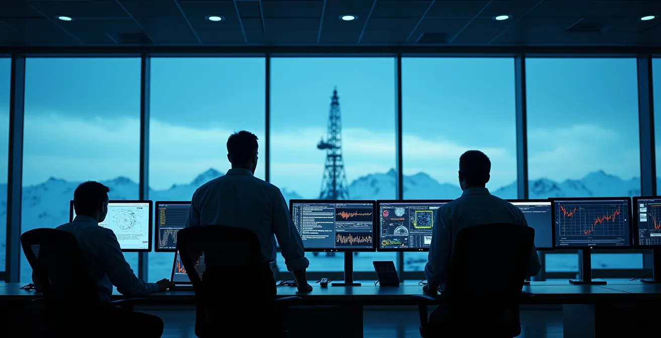 Salle de contrôle moderne avec écrans multiples montrant des données de forage en temps réel, ingénieurs analysant les paramètres