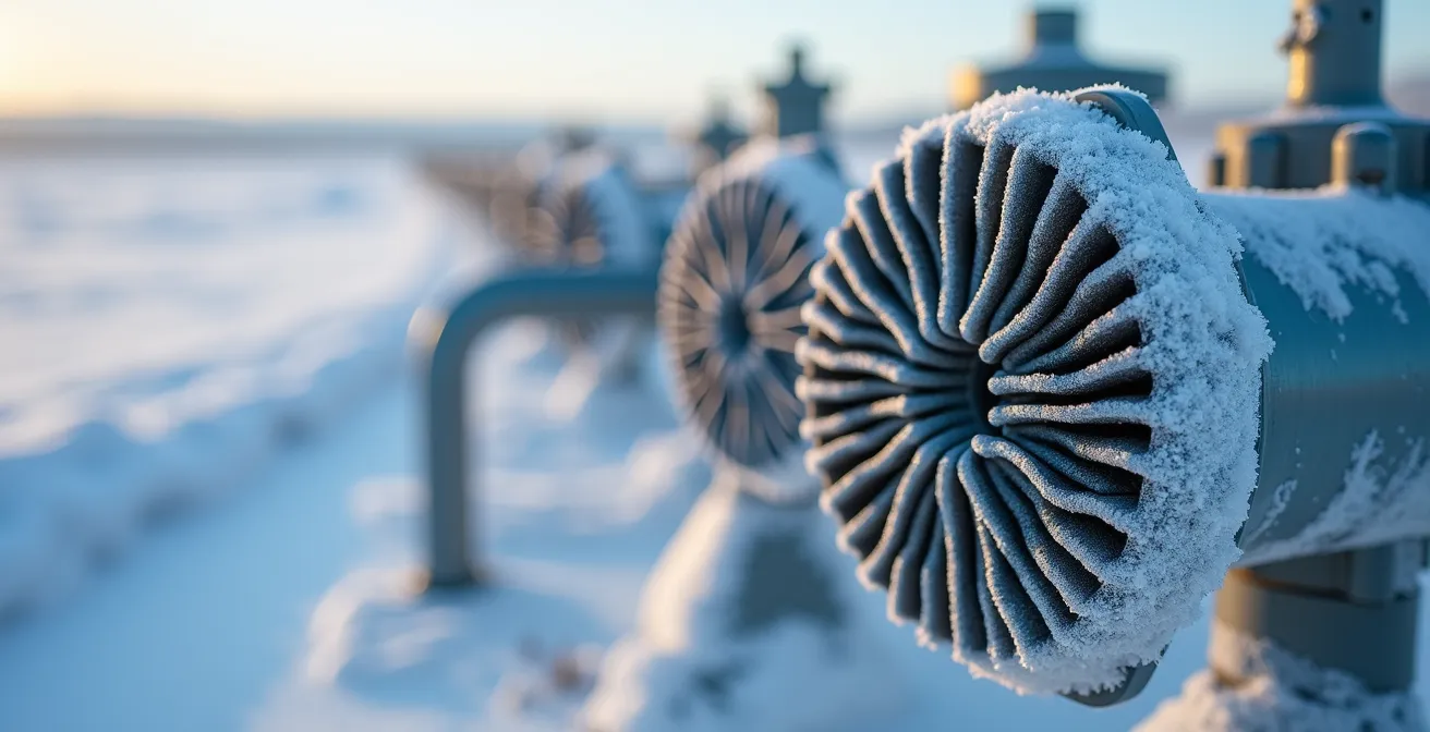 Détails techniques de thermosiphons installés le long d'un pipeline pour prévenir le dégel du pergélisol