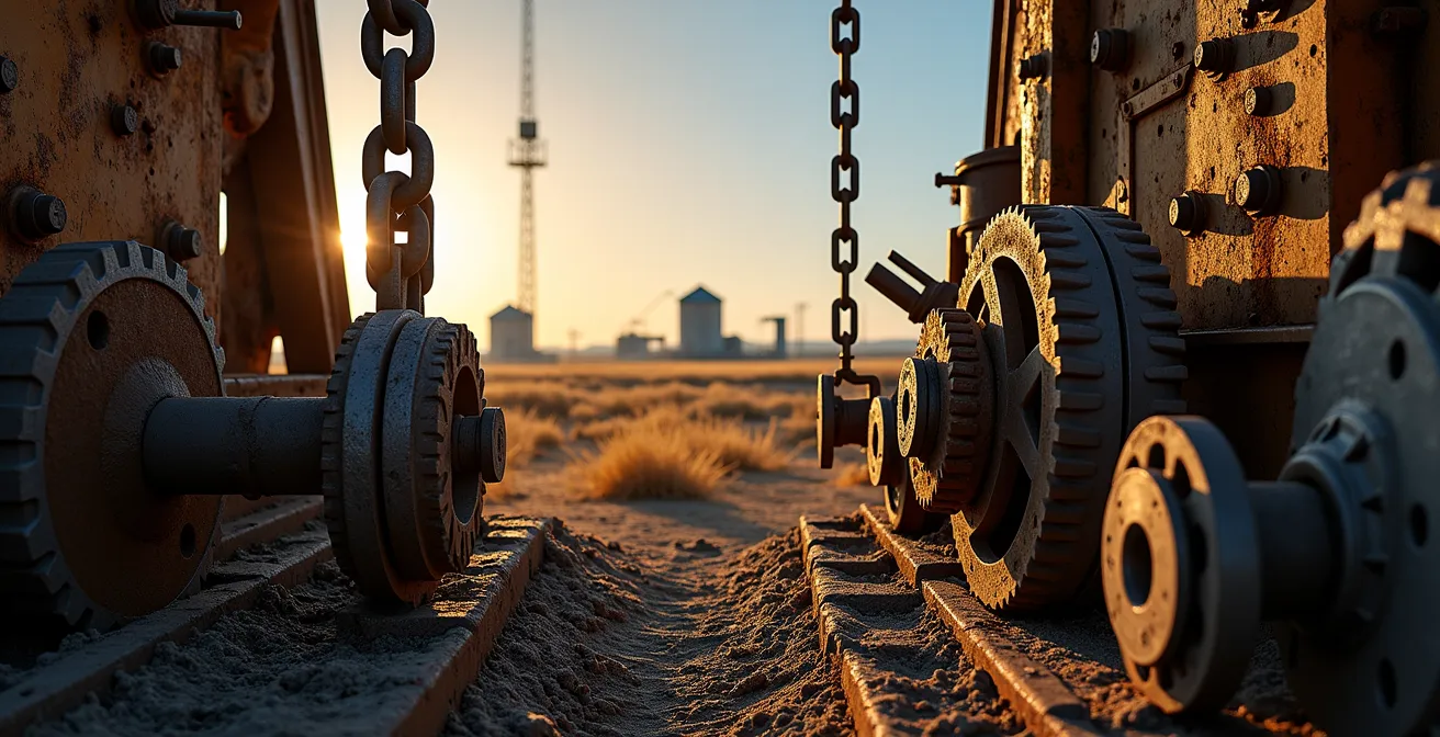 Tour de forage automatisée moderne dans un champ pétrolier albertain avec montagnes Rocheuses en arrière-plan